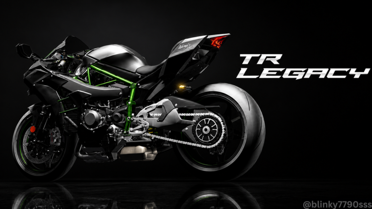 Developer-supplied TR Legacy promotional artwork showing a black sport motorcycle on a dark background